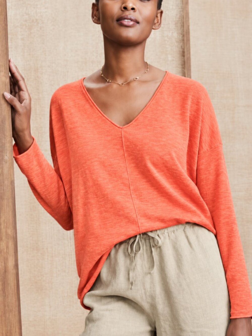 Eileen Fisher Peach Organic Linen Cotton Slouchy Slub Knit V-Neck Sweater SZ XL